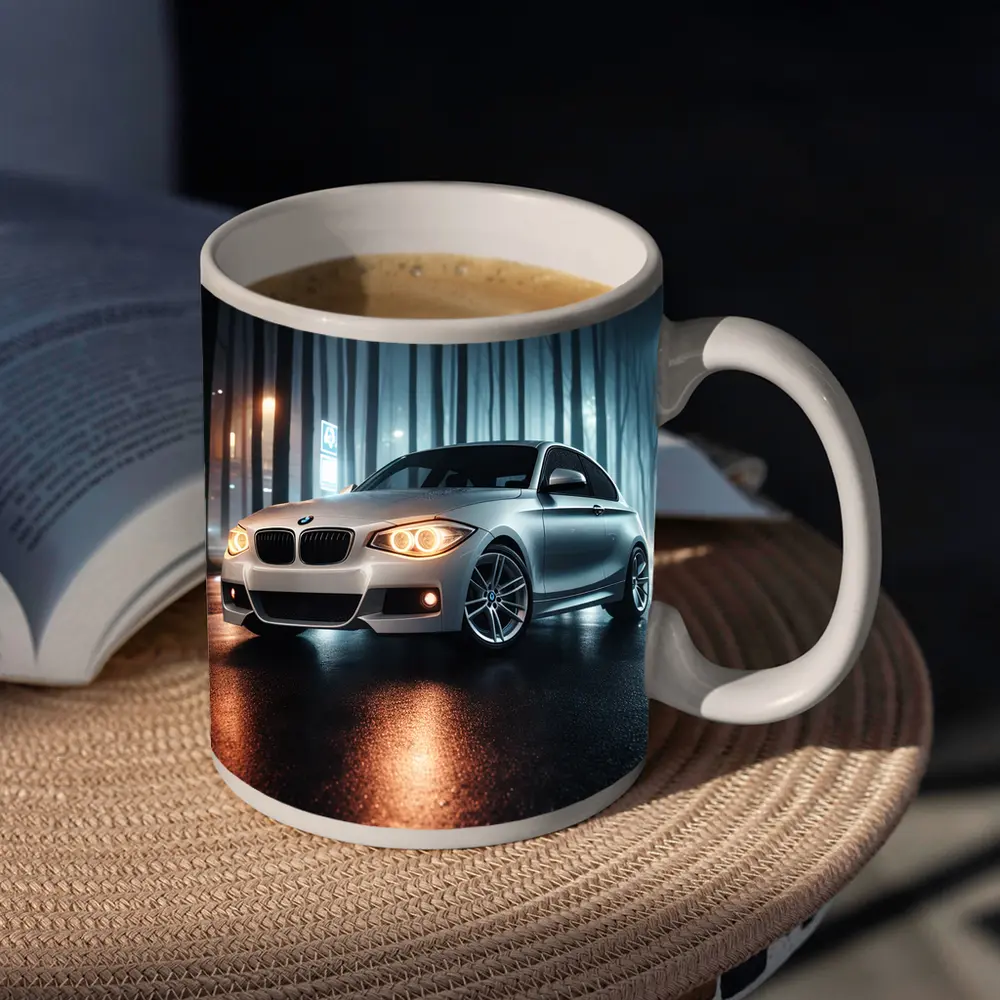 BMW One Series Parked On Misty Night Street – Mugs