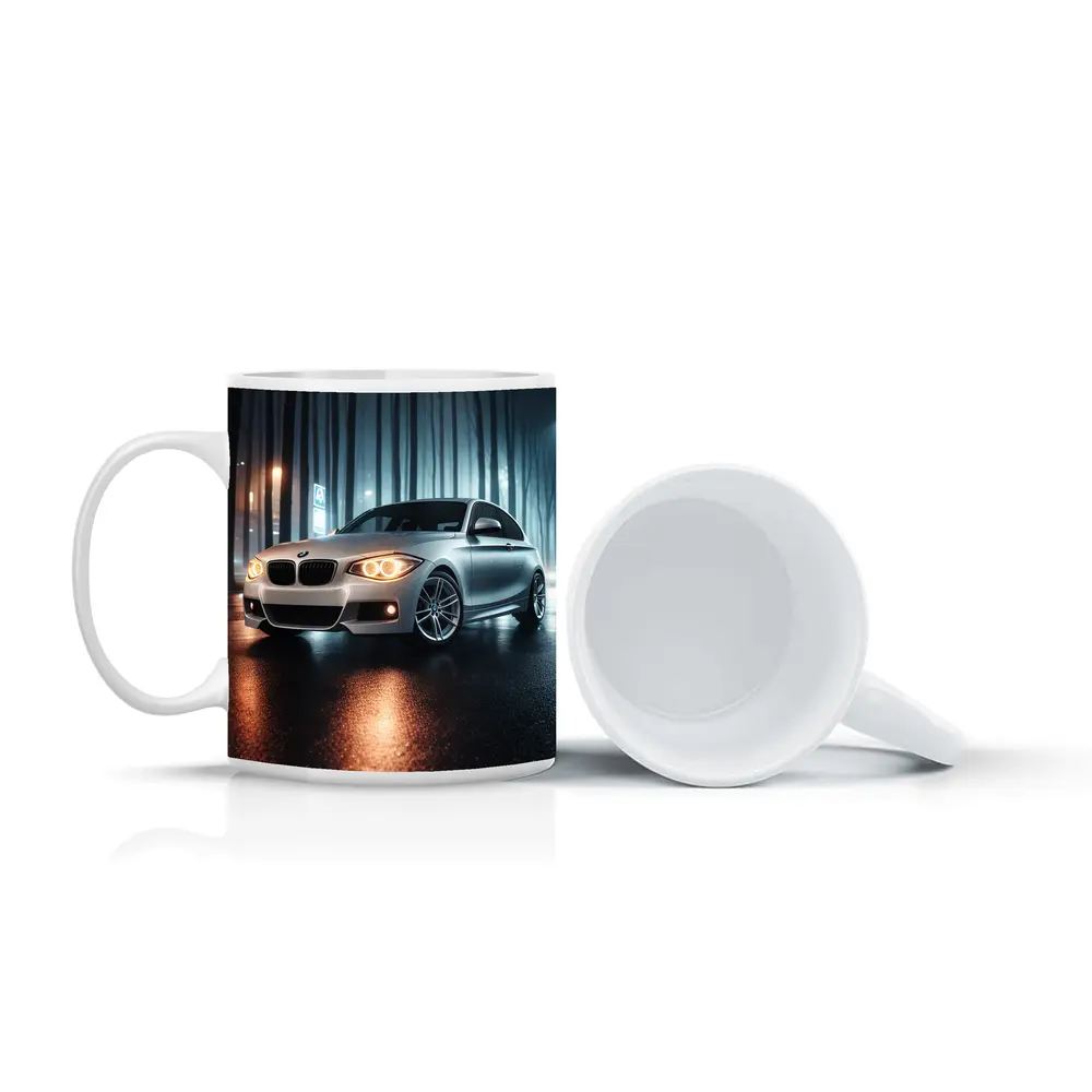 BMW One Series Parked On Misty Night Street – Mugs