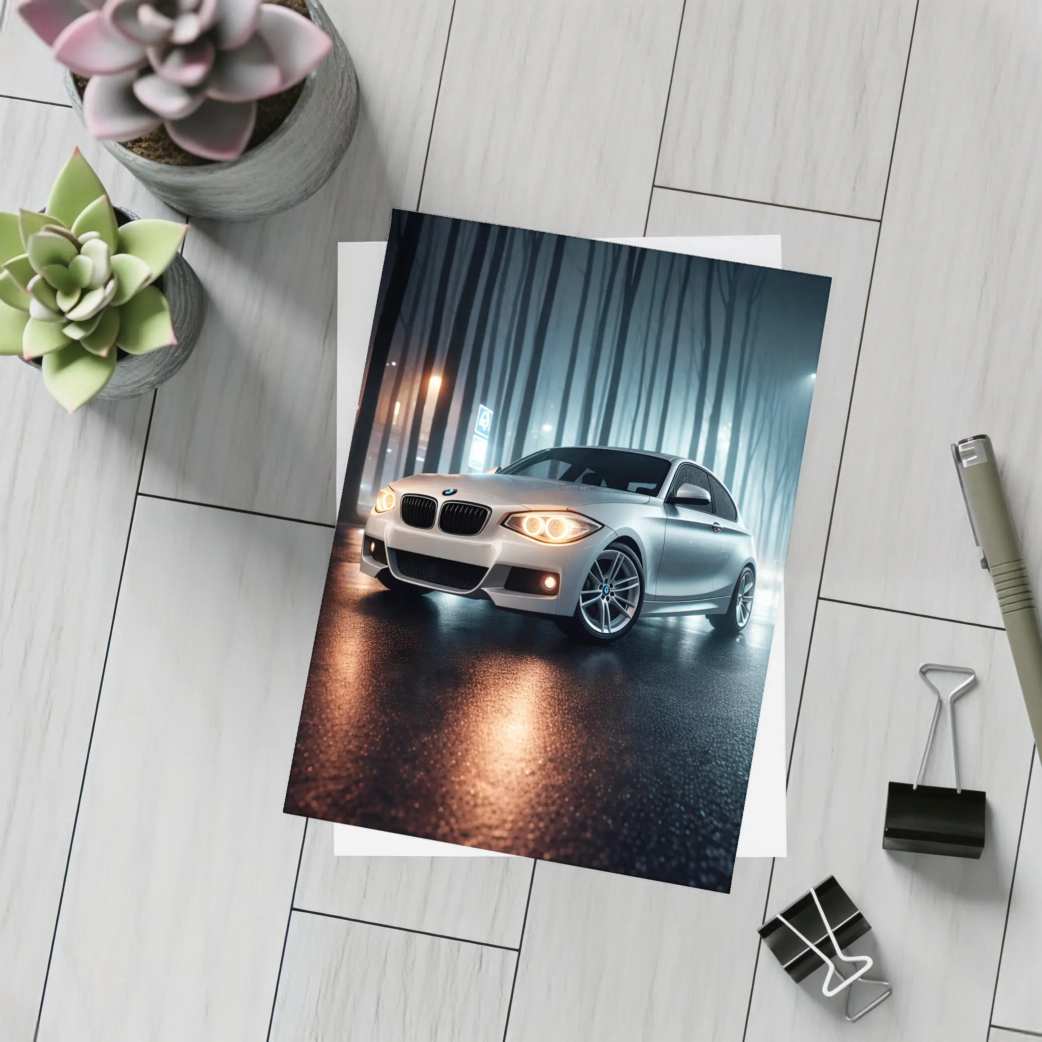 BMW One Series Parked On Misty Night Street – Postcards