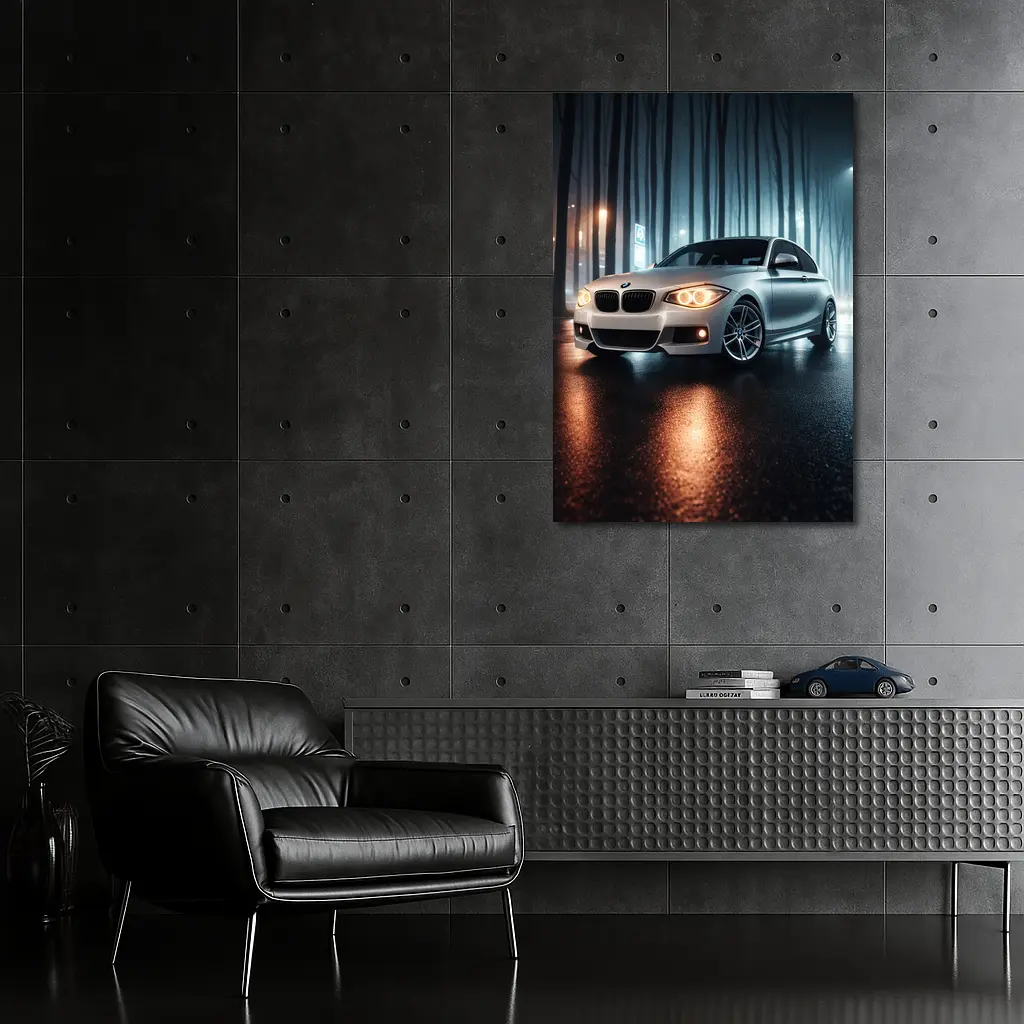 BMW One Series Parked On Misty Night Street – Wall Art