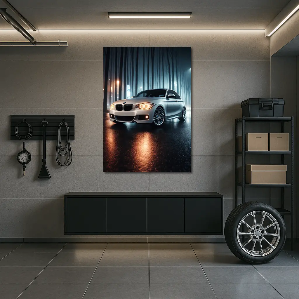 BMW One Series Parked On Misty Night Street – Wall Art