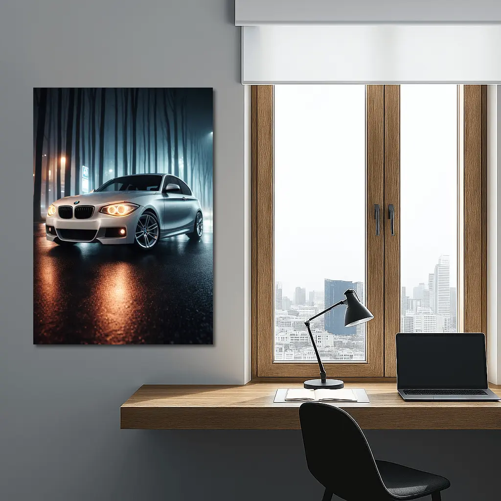 BMW One Series Parked On Misty Night Street – Wall Art