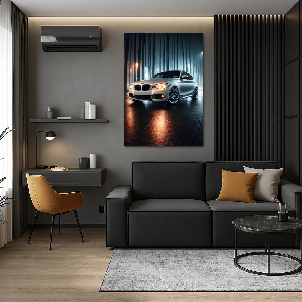 BMW One Series Parked On Misty Night Street – Wall Art