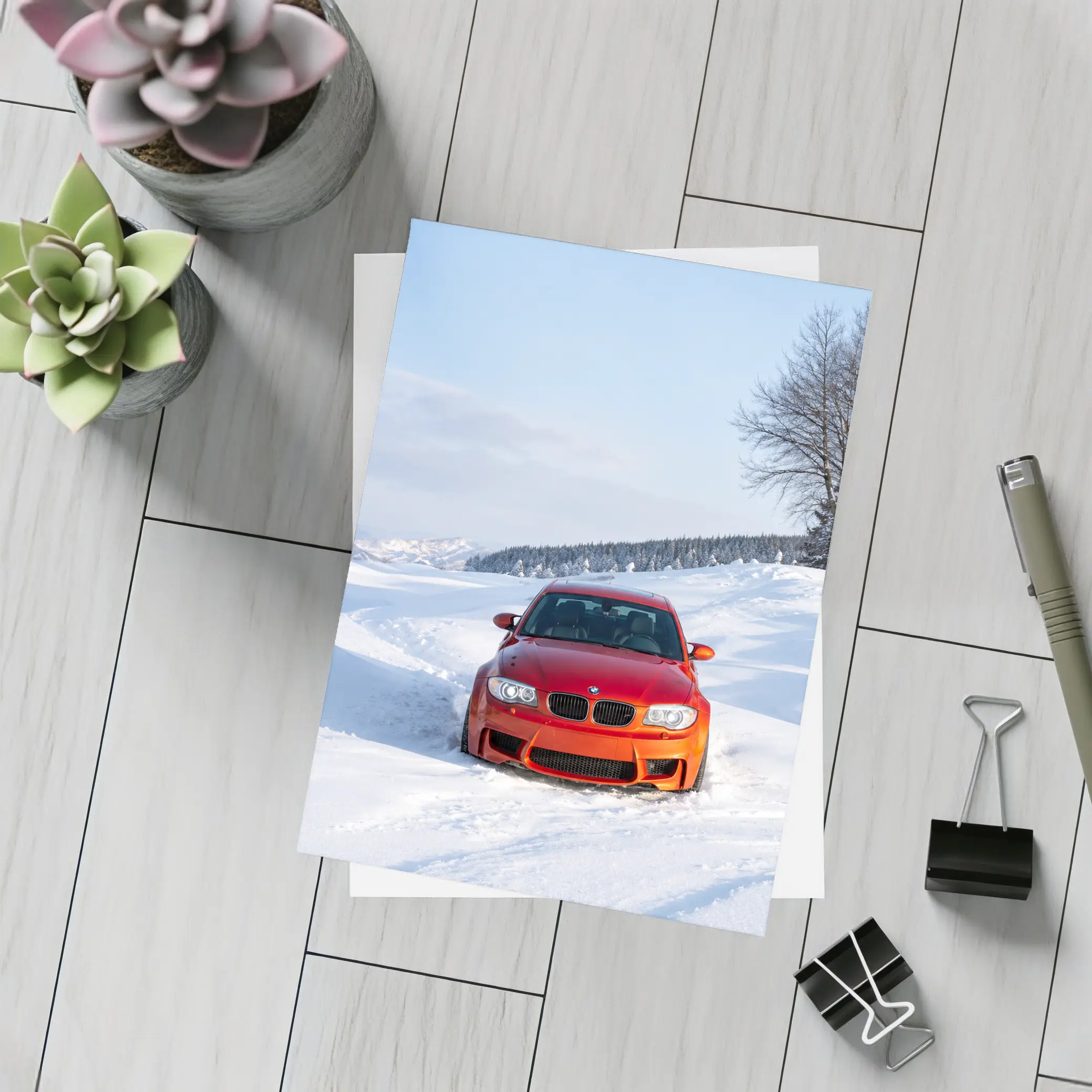 BMW M1 Orange Car In Snow – Postcards