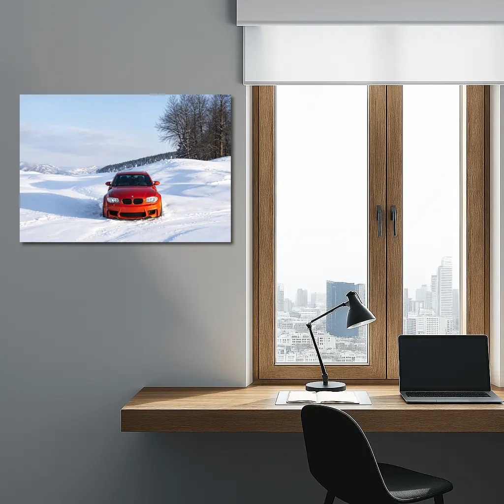 BMW M1 Orange Car In Snow – Wall Art