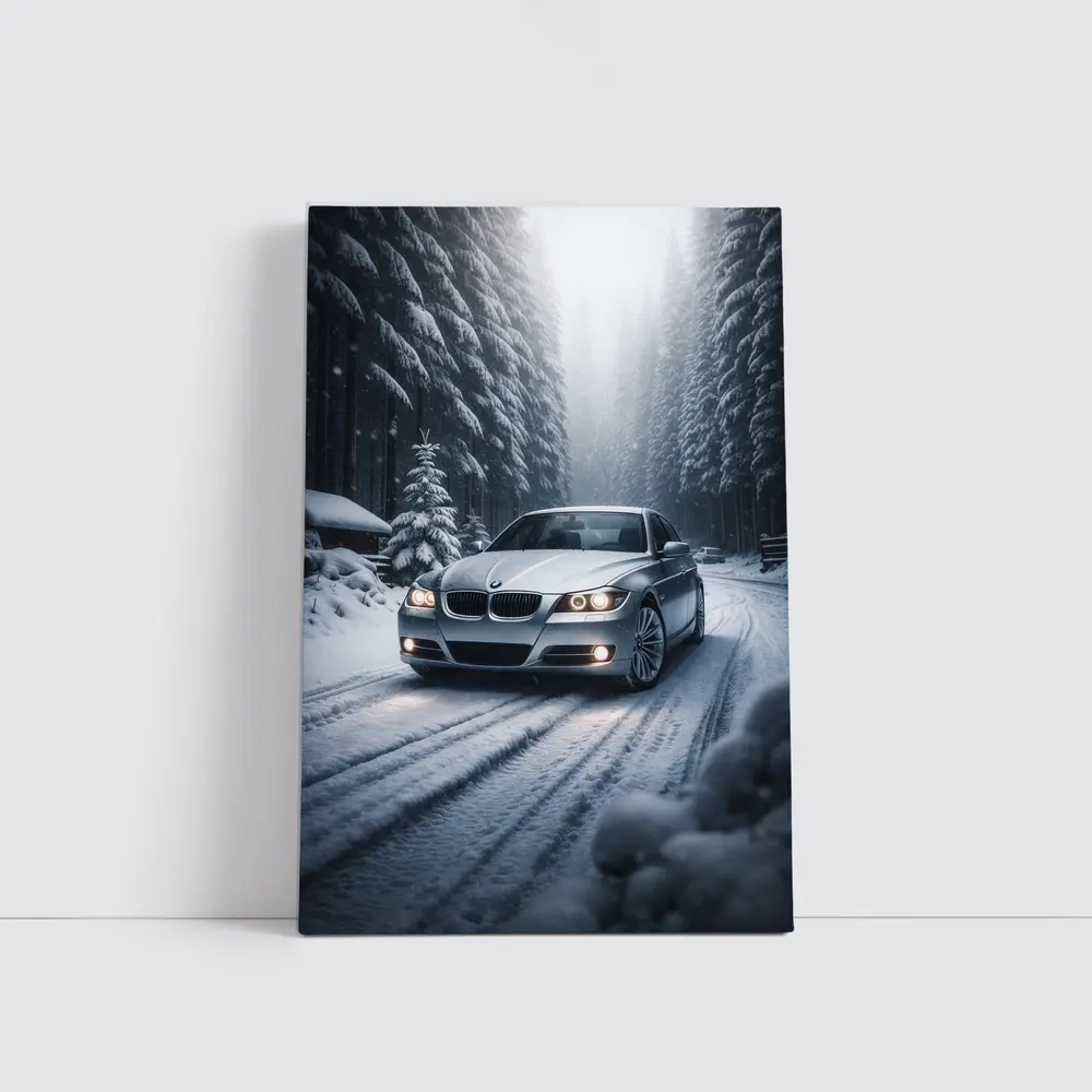 BMW Three Series Driving Snowy Forest Road – Wall Art