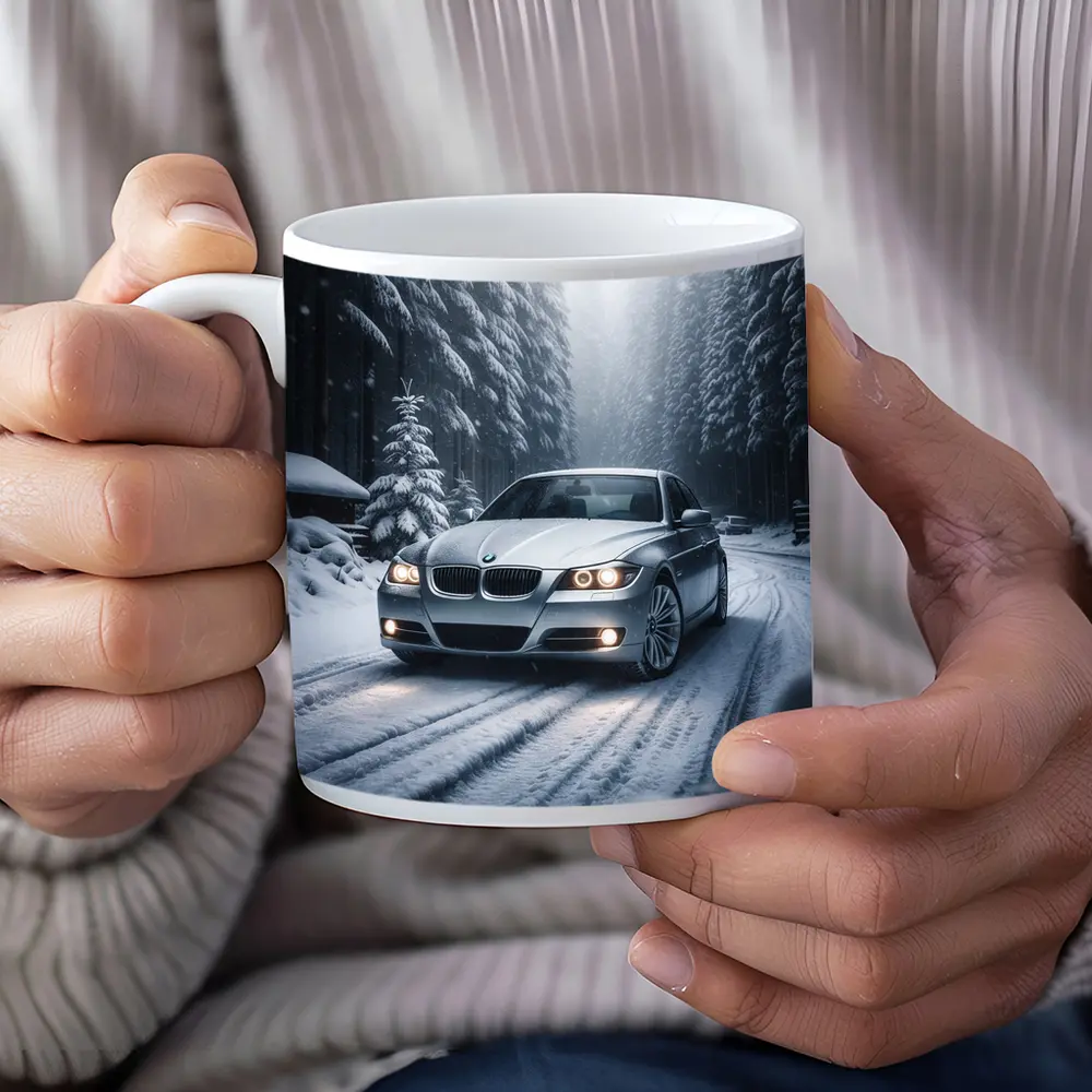 BMW Three Series Driving Snowy Forest Road – Mugs