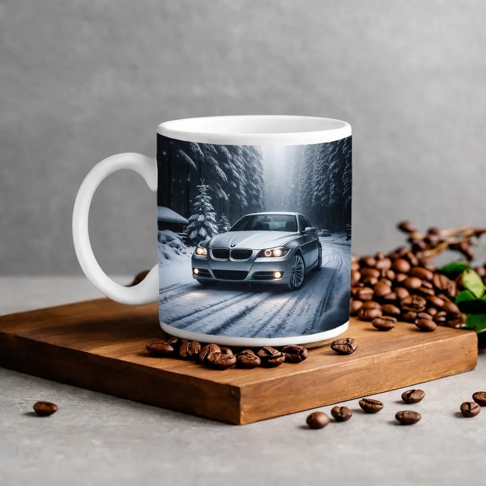 BMW Three Series Driving Snowy Forest Road – Mugs