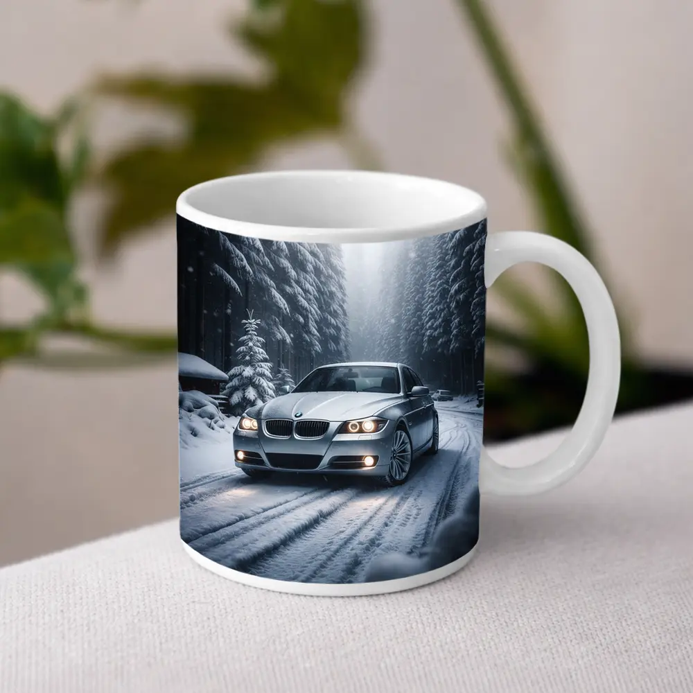 BMW Three Series Driving Snowy Forest Road – Mugs