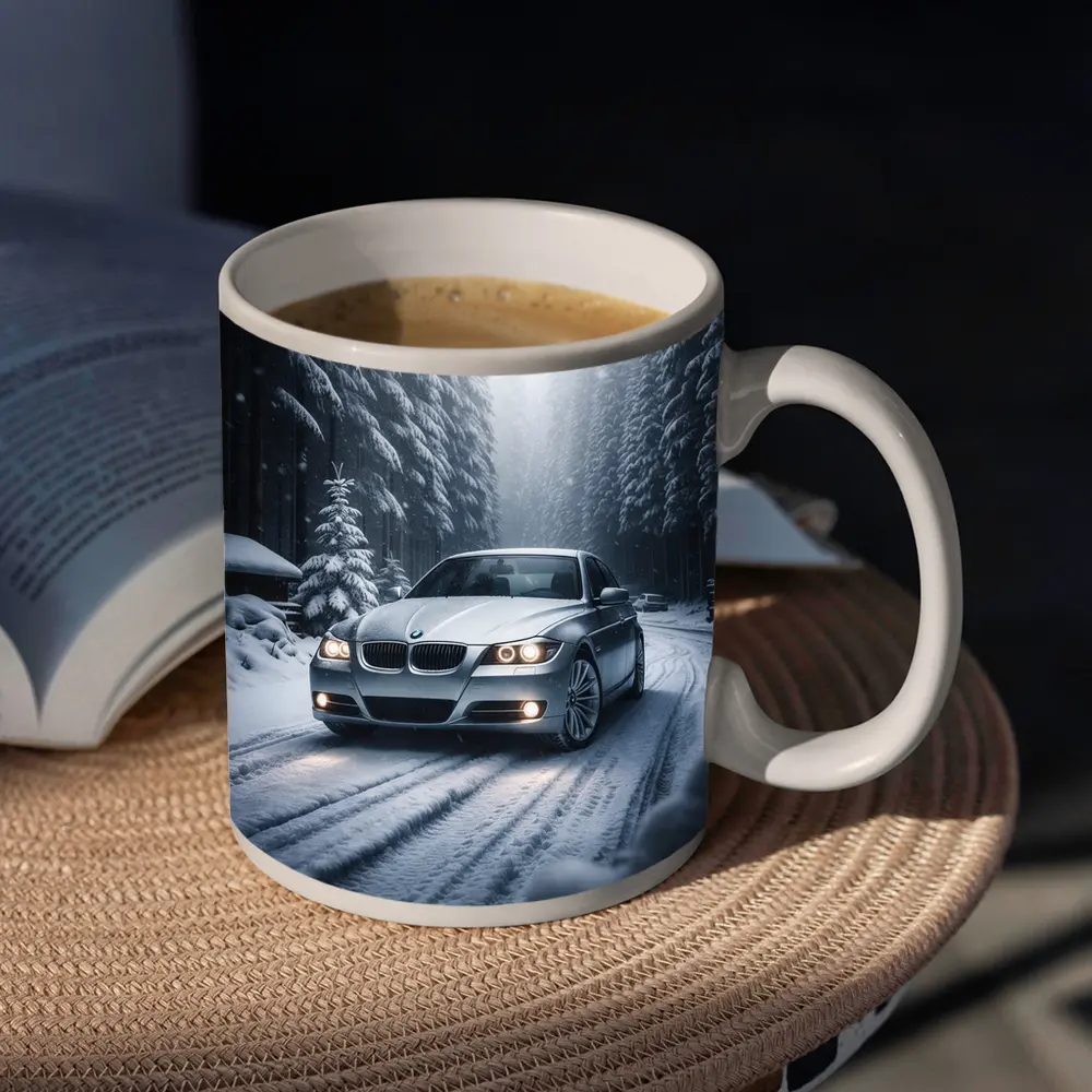 BMW Three Series Driving Snowy Forest Road – Mugs