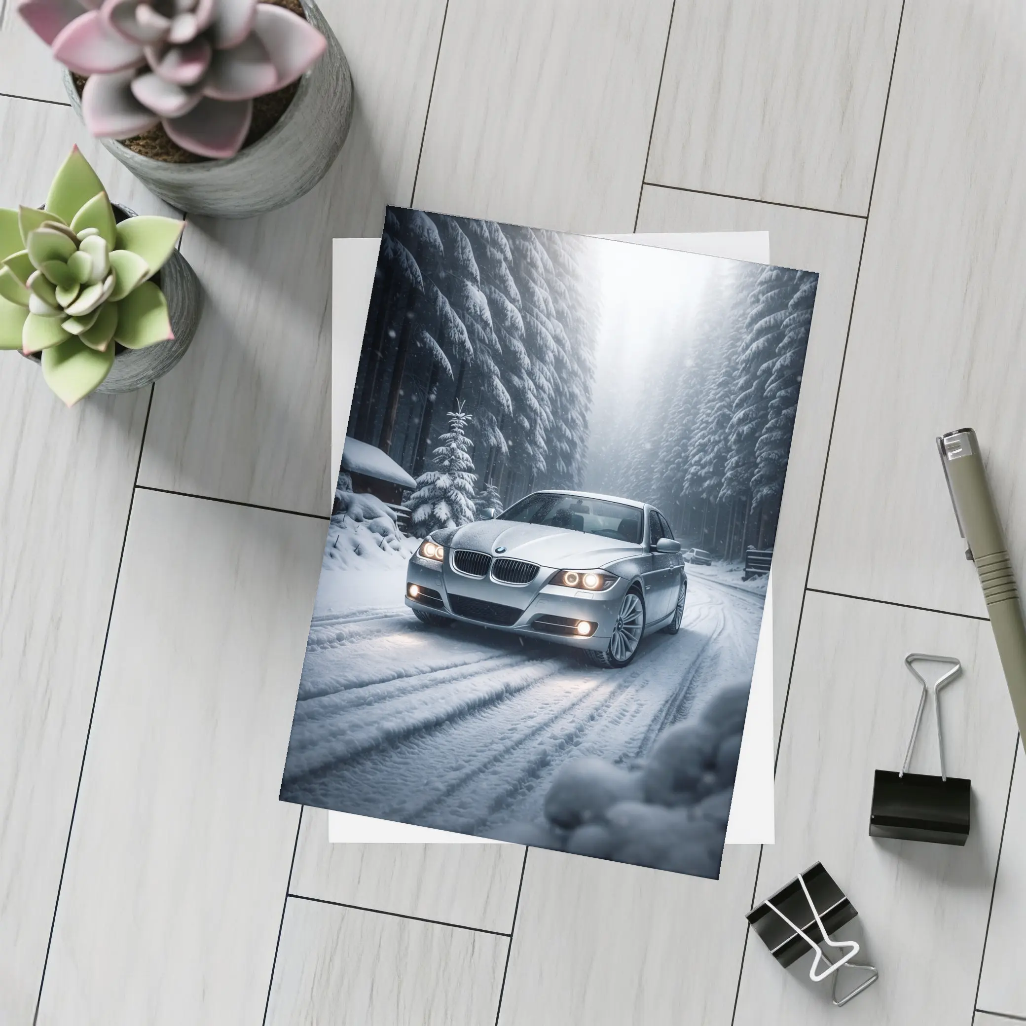 BMW Three Series Driving Snowy Forest Road – Postcards