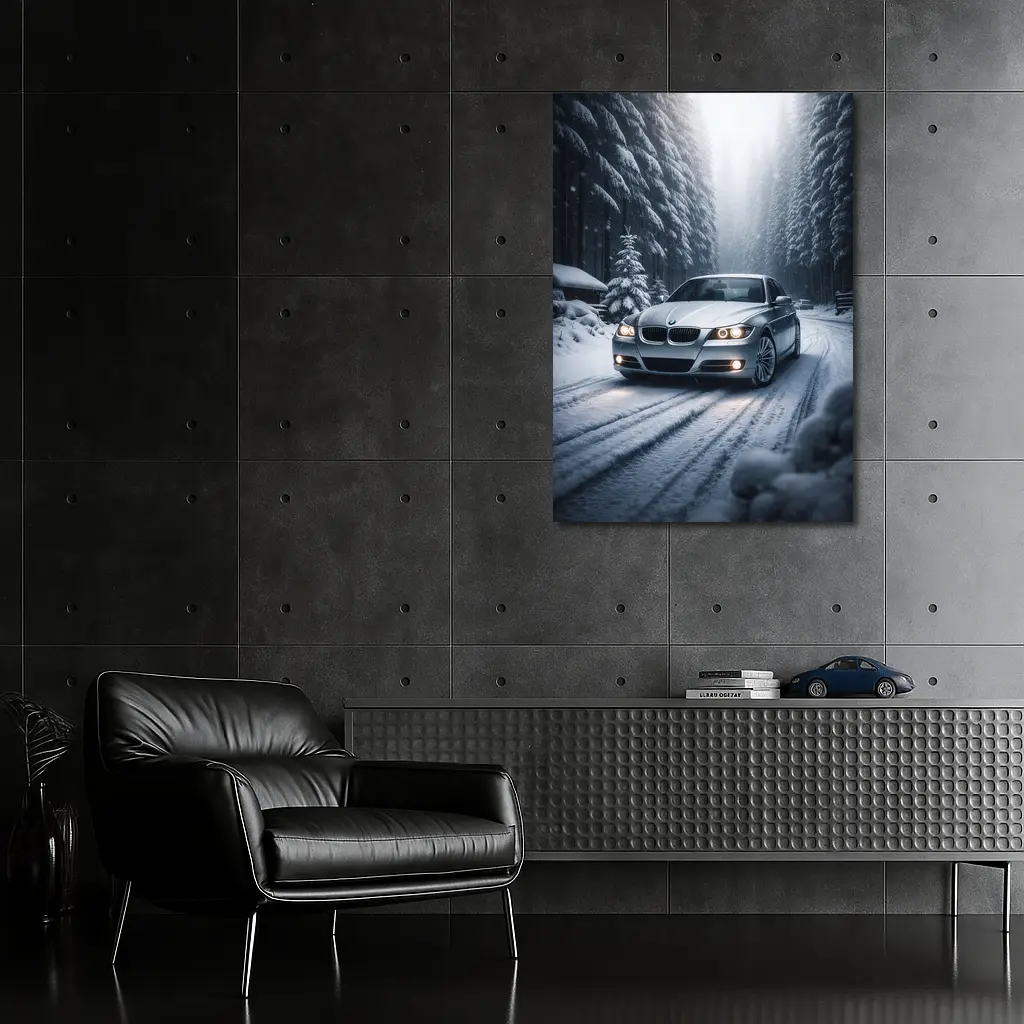 BMW Three Series Driving Snowy Forest Road – Wall Art