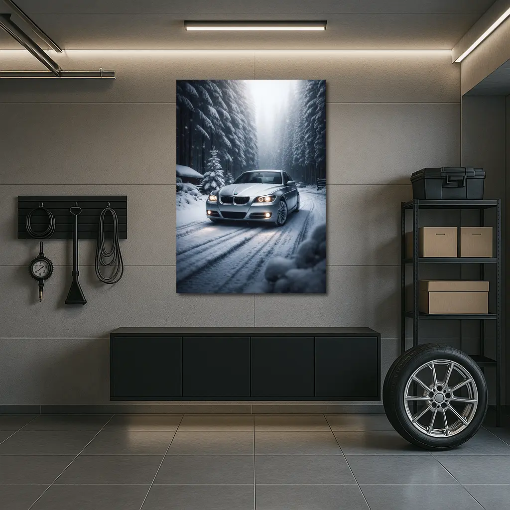 BMW Three Series Driving Snowy Forest Road – Wall Art