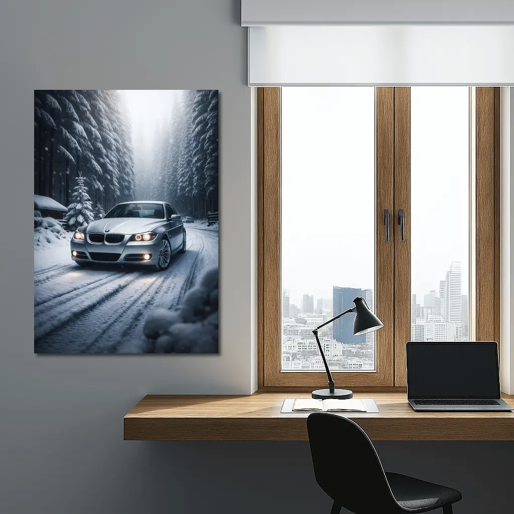 BMW Three Series Driving Snowy Forest Road – Wall Art