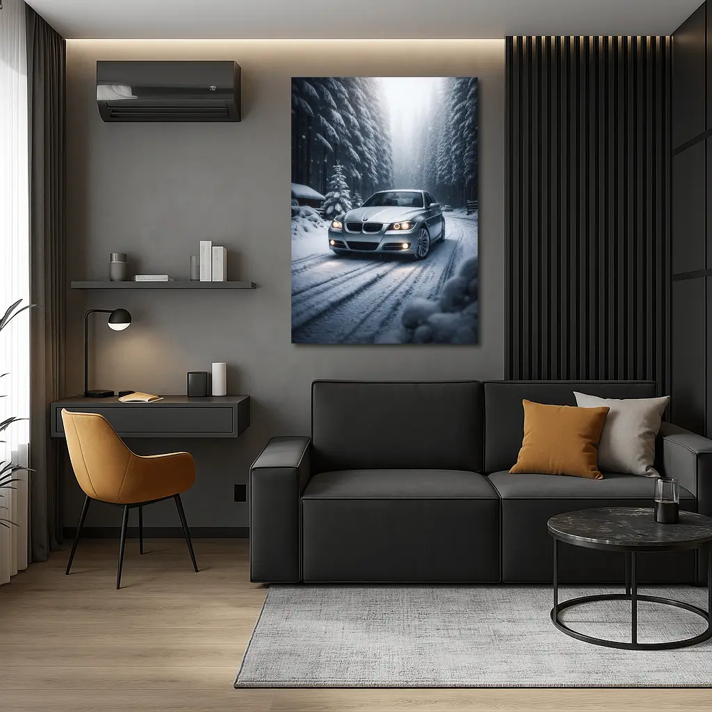 BMW Three Series Driving Snowy Forest Road – Wall Art