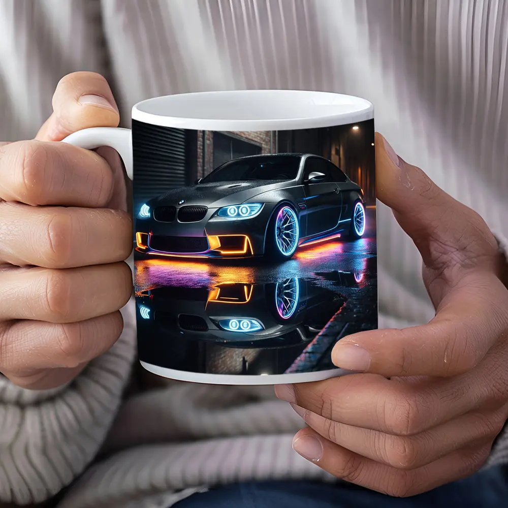 BMW M3 Neon Lights Rainy Night Street – Mugs