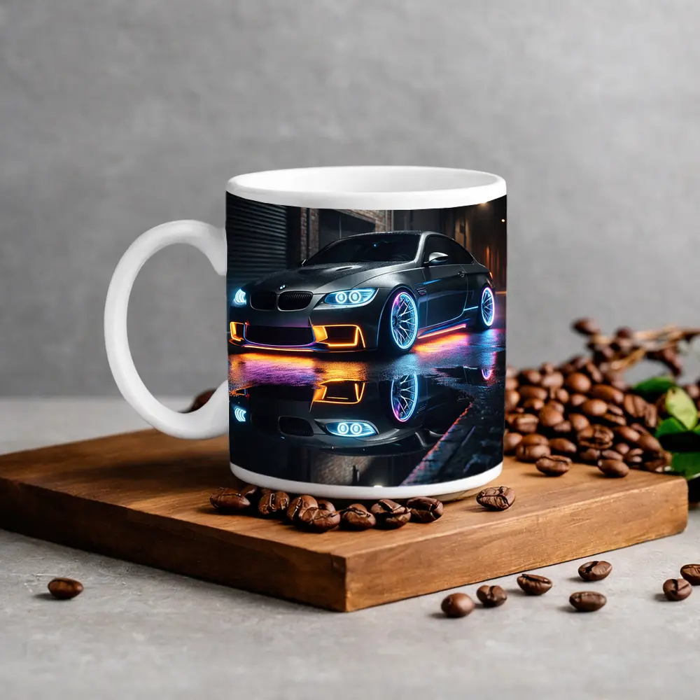 BMW M3 Neon Lights Rainy Night Street – Mugs