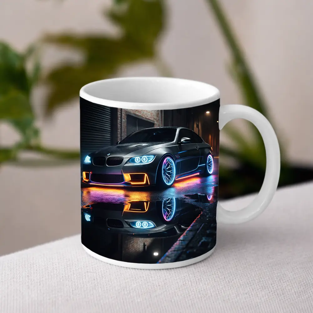 BMW M3 Neon Lights Rainy Night Street – Mugs