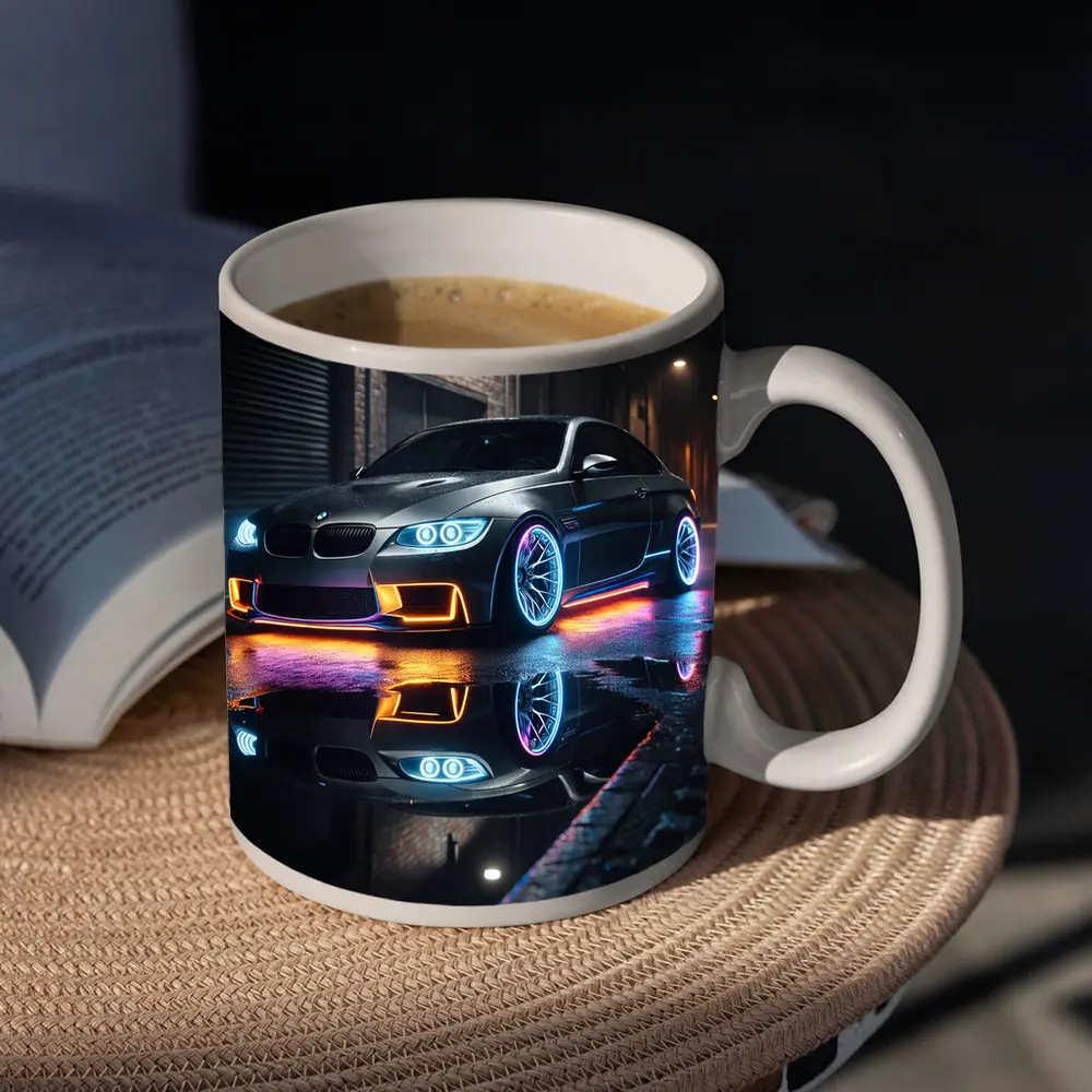 BMW M3 Neon Lights Rainy Night Street – Mugs