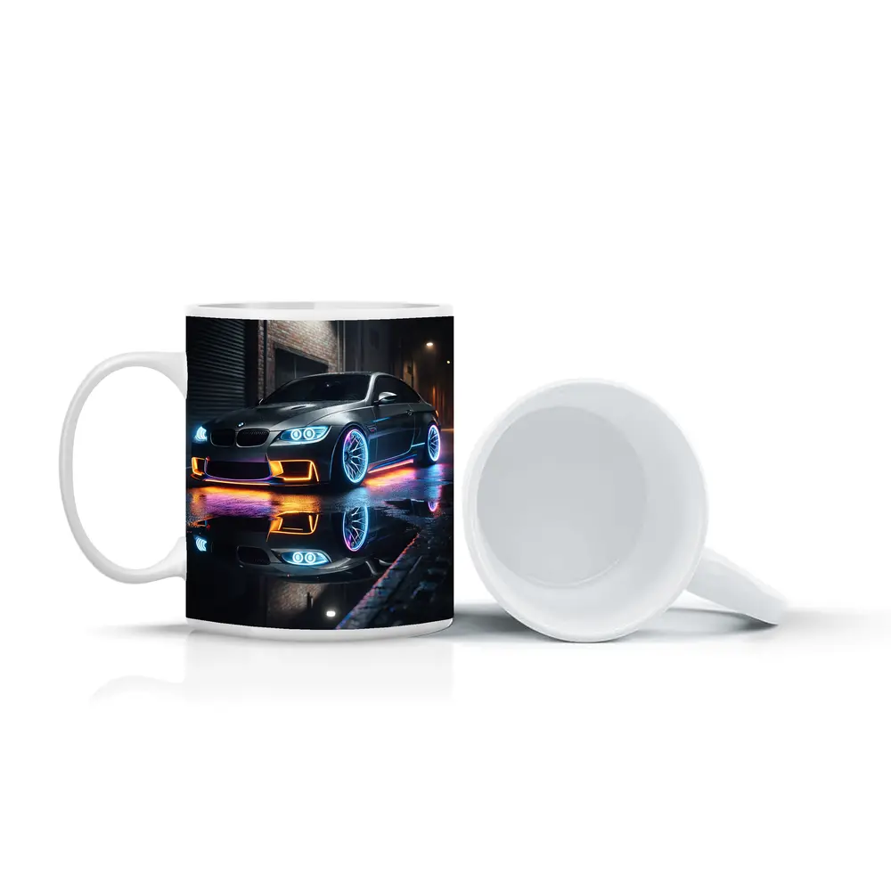 BMW M3 Neon Lights Rainy Night Street – Mugs
