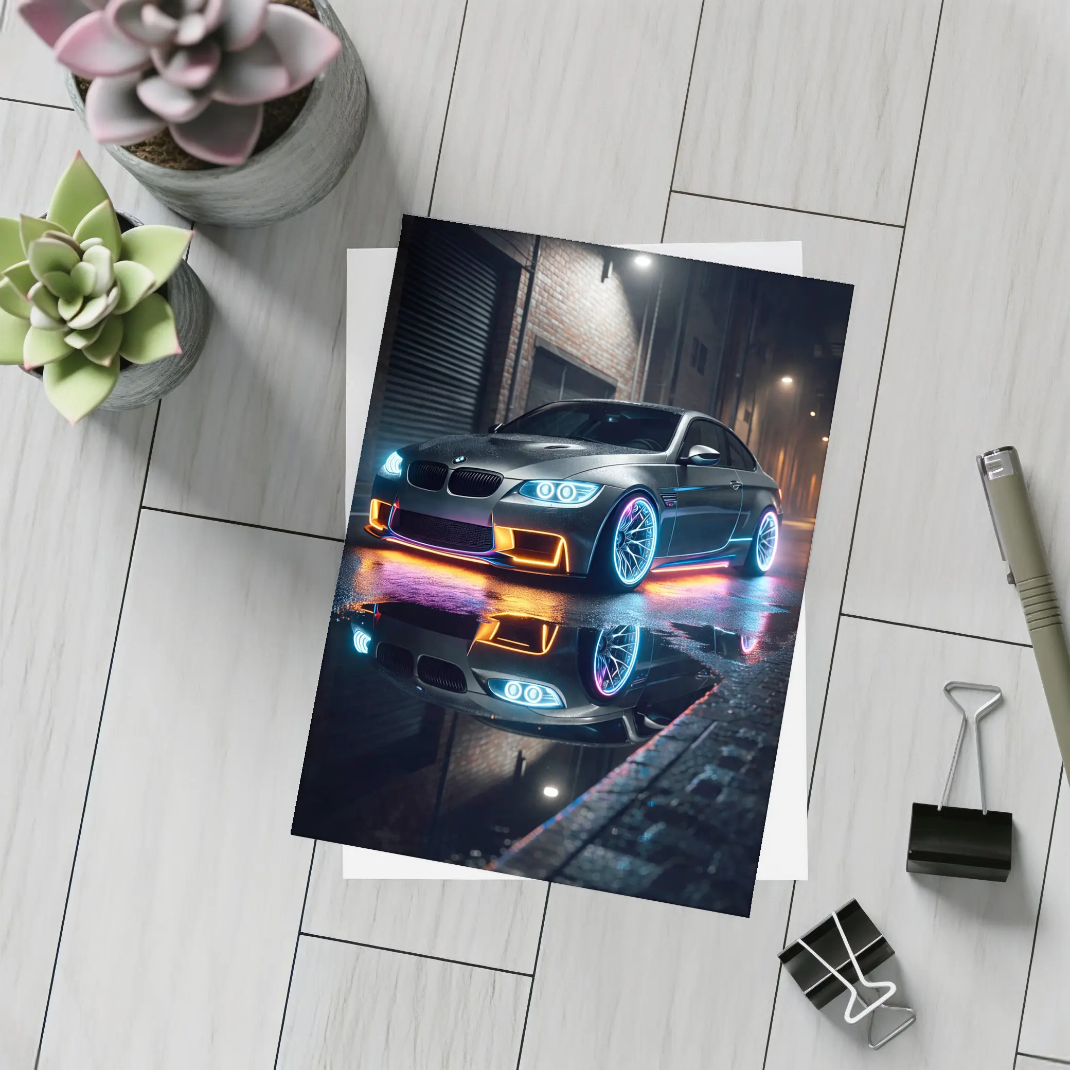 BMW M3 Neon Lights Rainy Night Street – Postcards