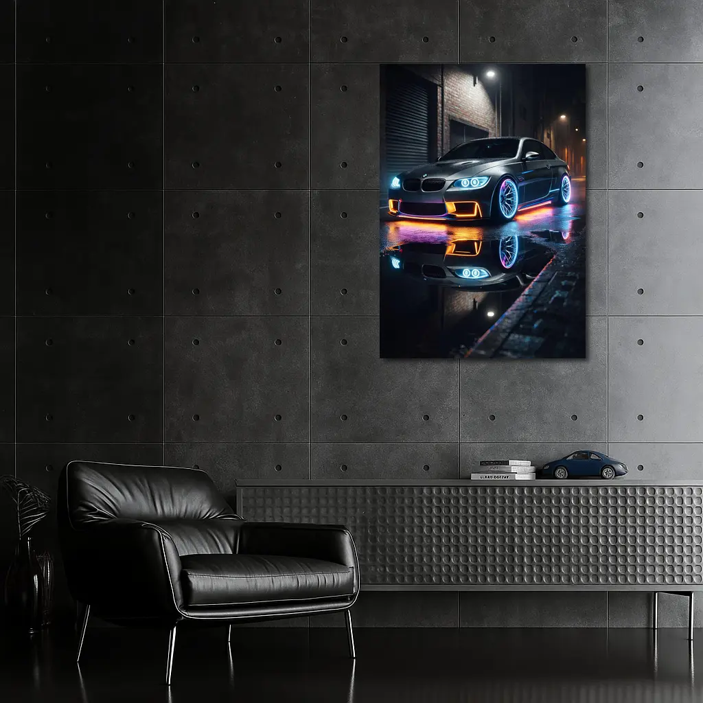 BMW M3 Neon Lights Rainy Night Street – Wall Art