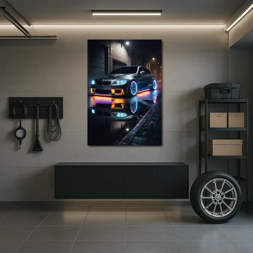 BMW M3 Neon Lights Rainy Night Street – Wall Art