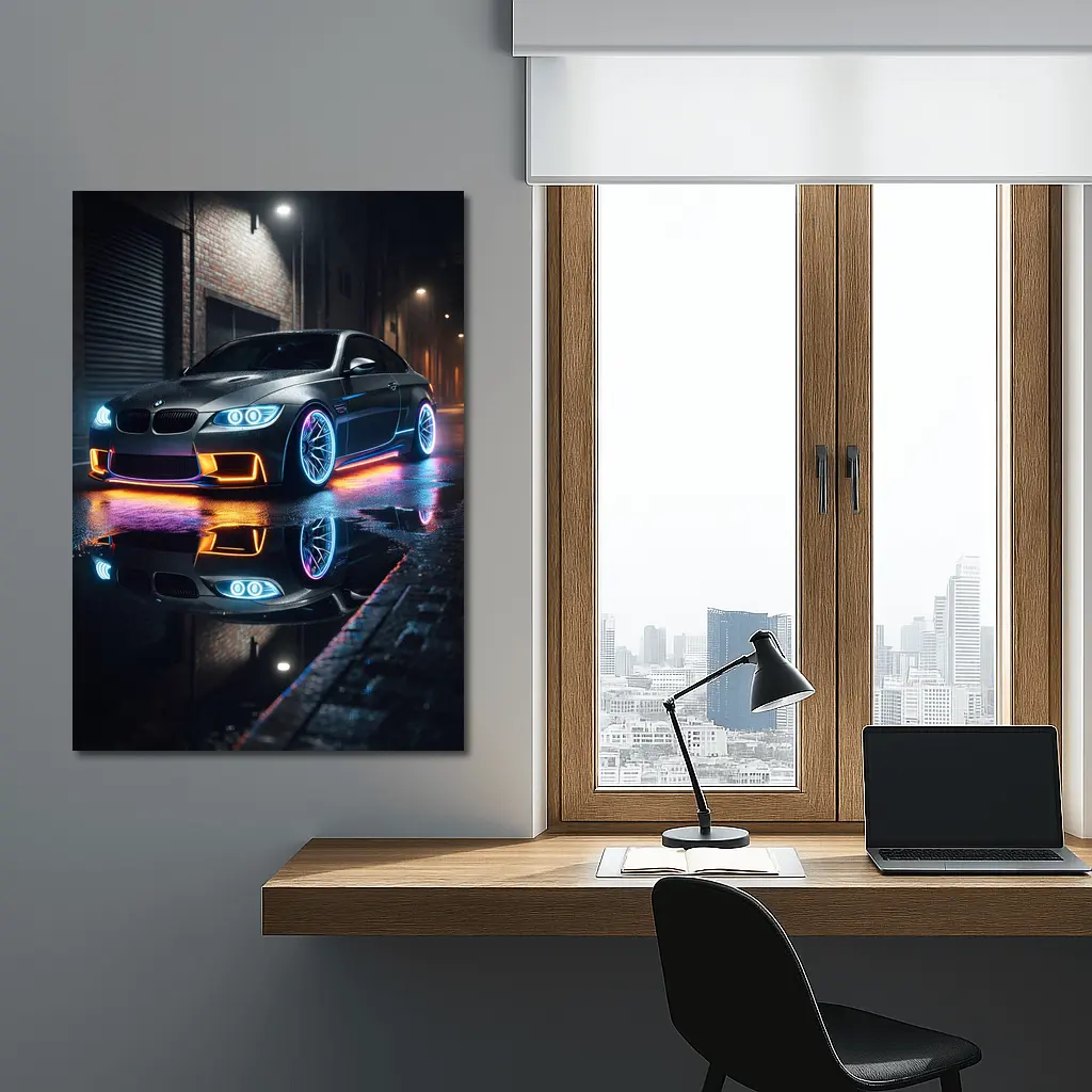 BMW M3 Neon Lights Rainy Night Street – Wall Art