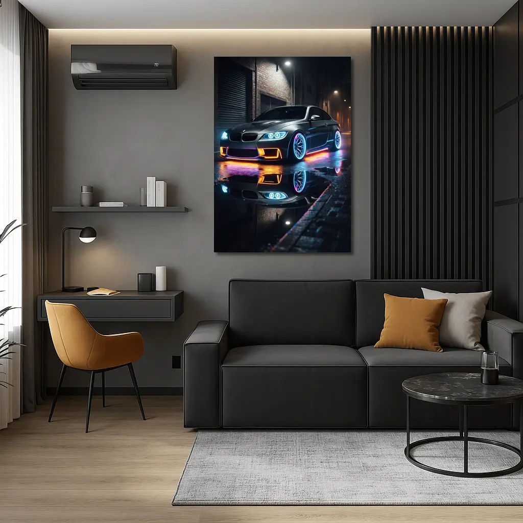 BMW M3 Neon Lights Rainy Night Street – Wall Art
