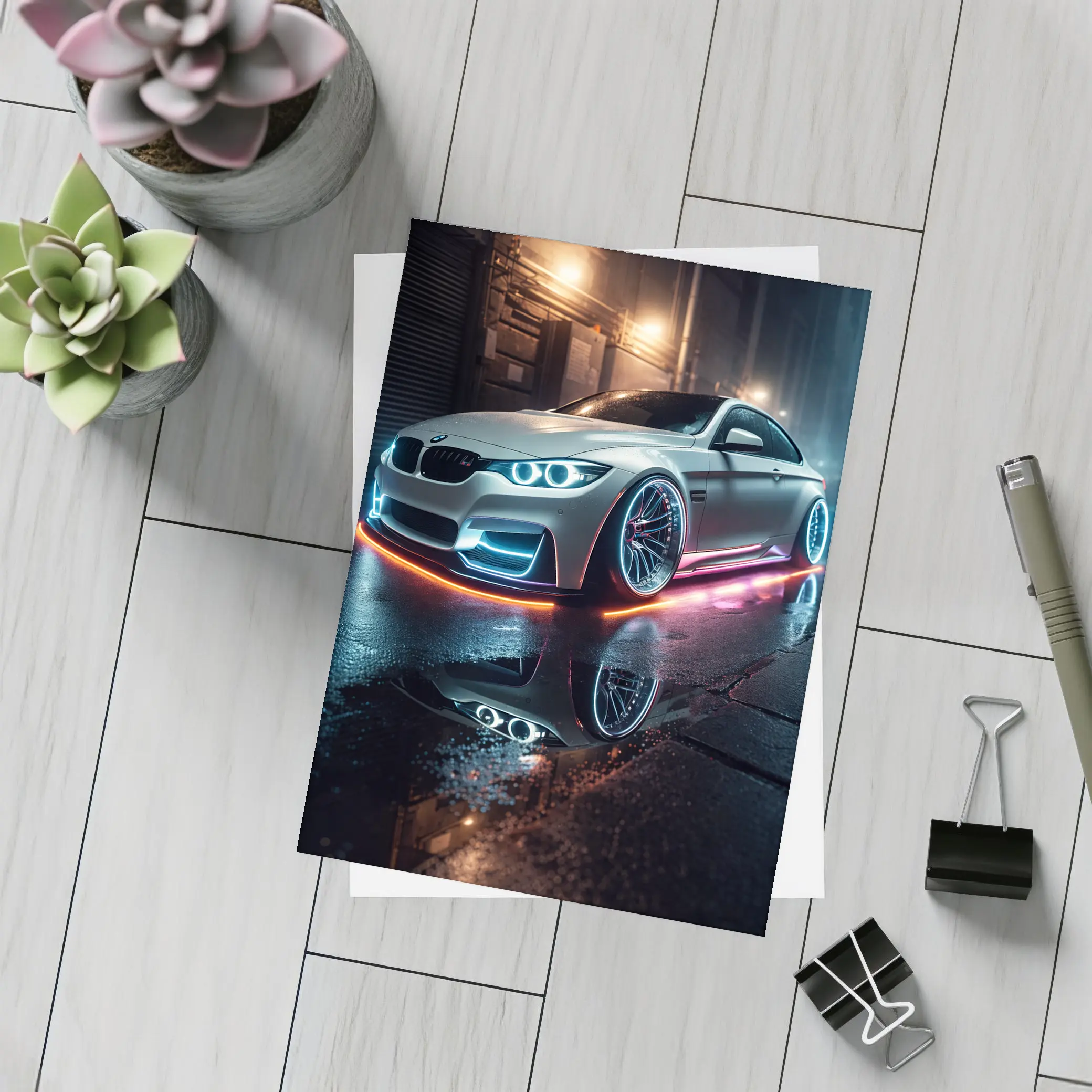 BMW M3 Neon Glow Wet Street Night – Postcards
