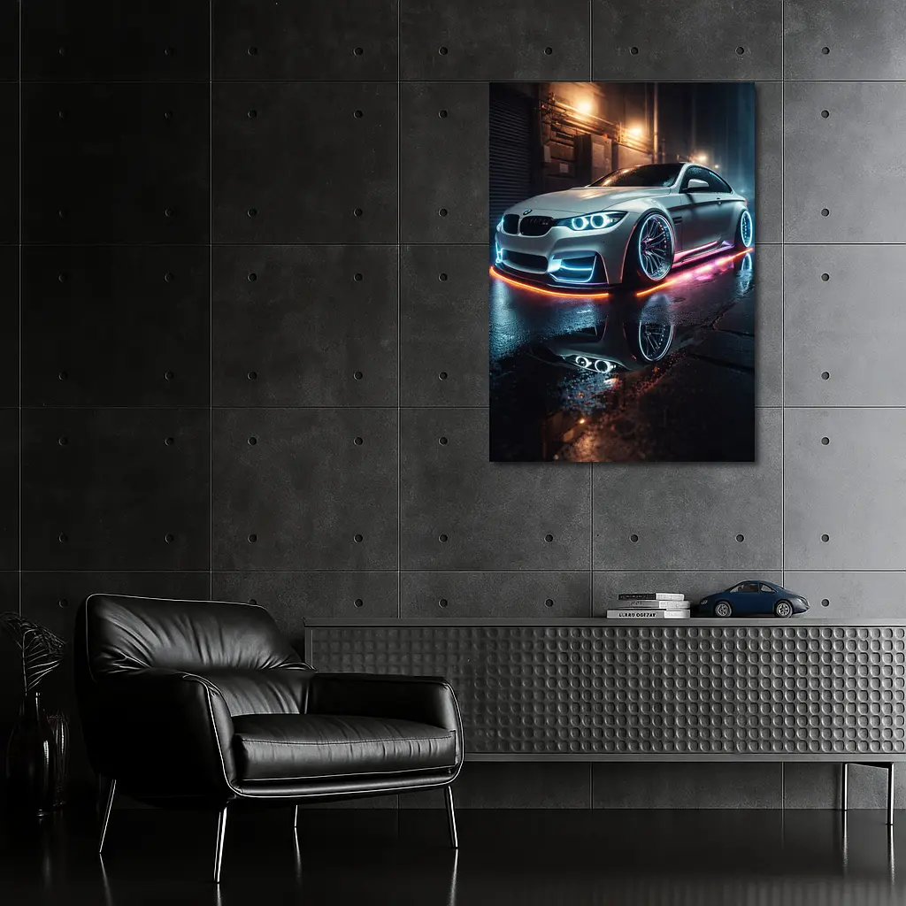 BMW M3 Neon Glow Wet Street Night – Wall Art