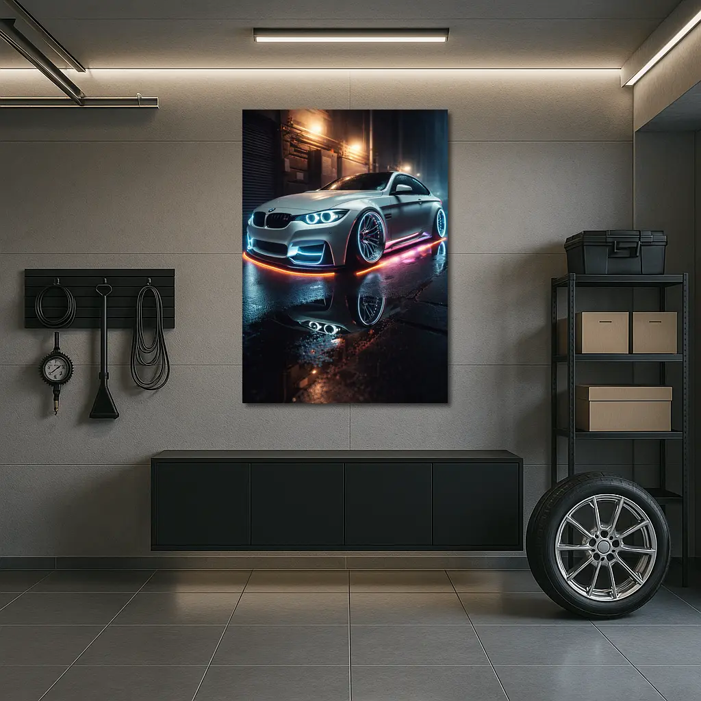BMW M3 Neon Glow Wet Street Night – Wall Art