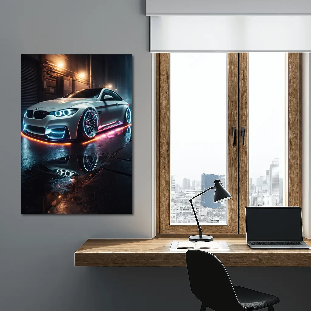 BMW M3 Neon Glow Wet Street Night – Wall Art