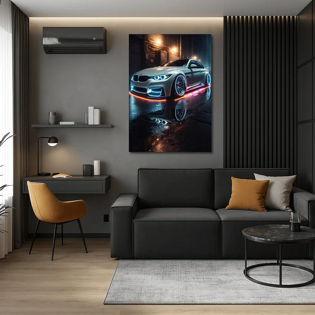 BMW M3 Neon Glow Wet Street Night – Wall Art