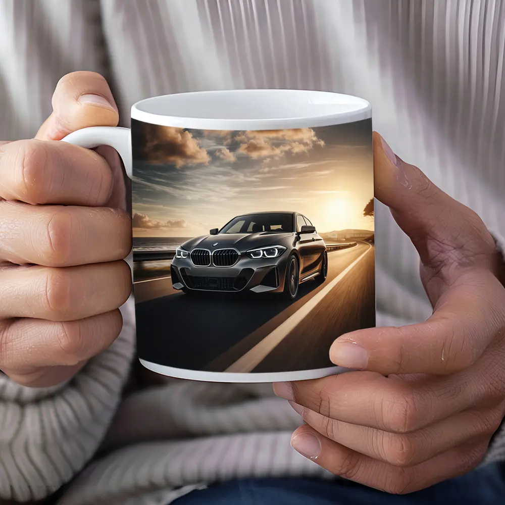 BMW One Series Driving Coastal Road Sunset – Mugs
