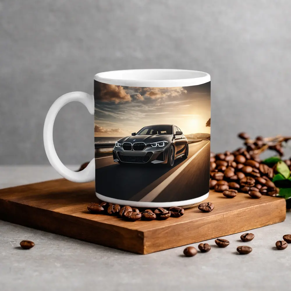 BMW One Series Driving Coastal Road Sunset – Mugs