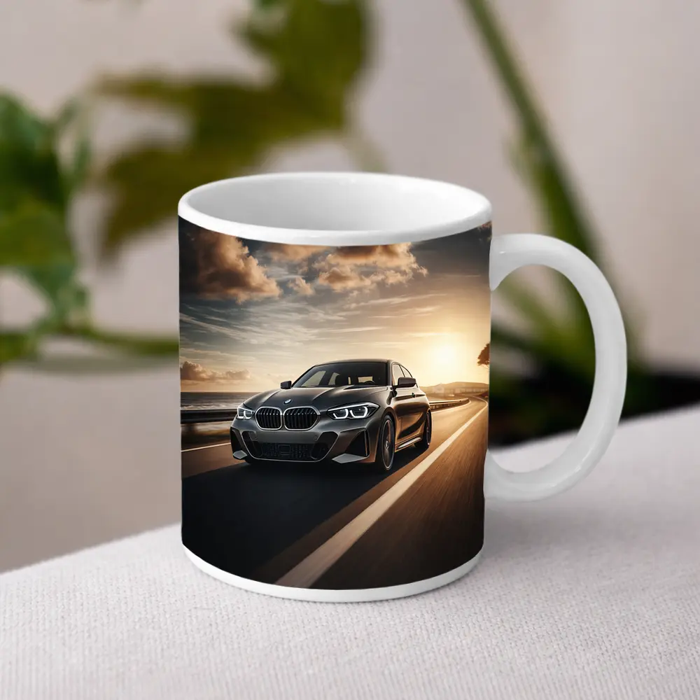BMW One Series Driving Coastal Road Sunset – Mugs