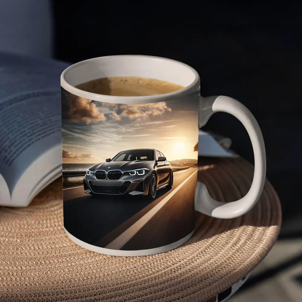 BMW One Series Driving Coastal Road Sunset – Mugs