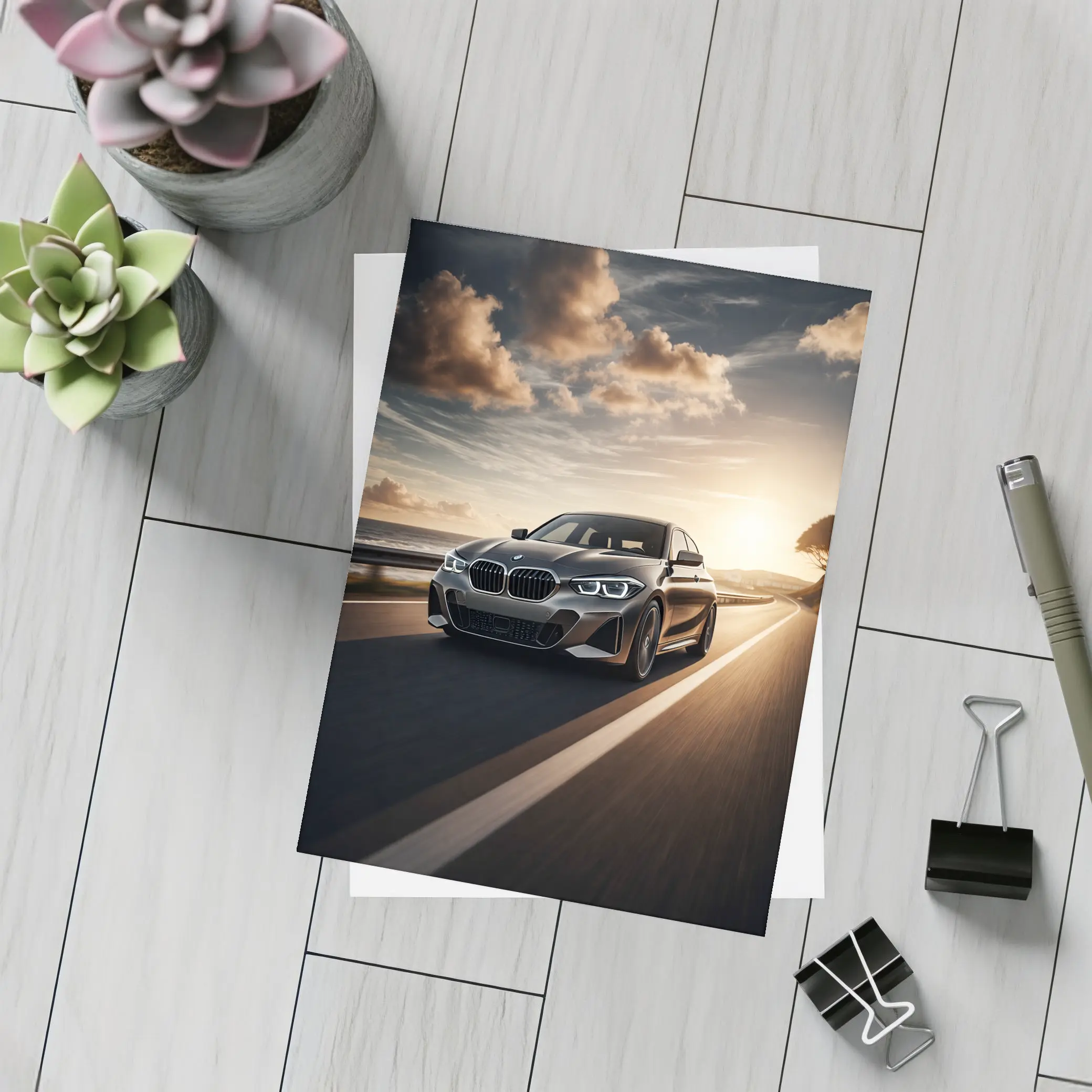 BMW One Series Driving Coastal Road Sunset – Postcards