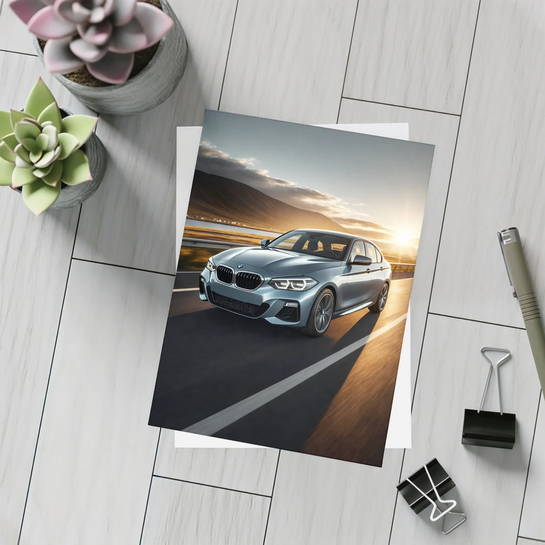 BMW 1 Series Driving at Golden Sunset – Postcards