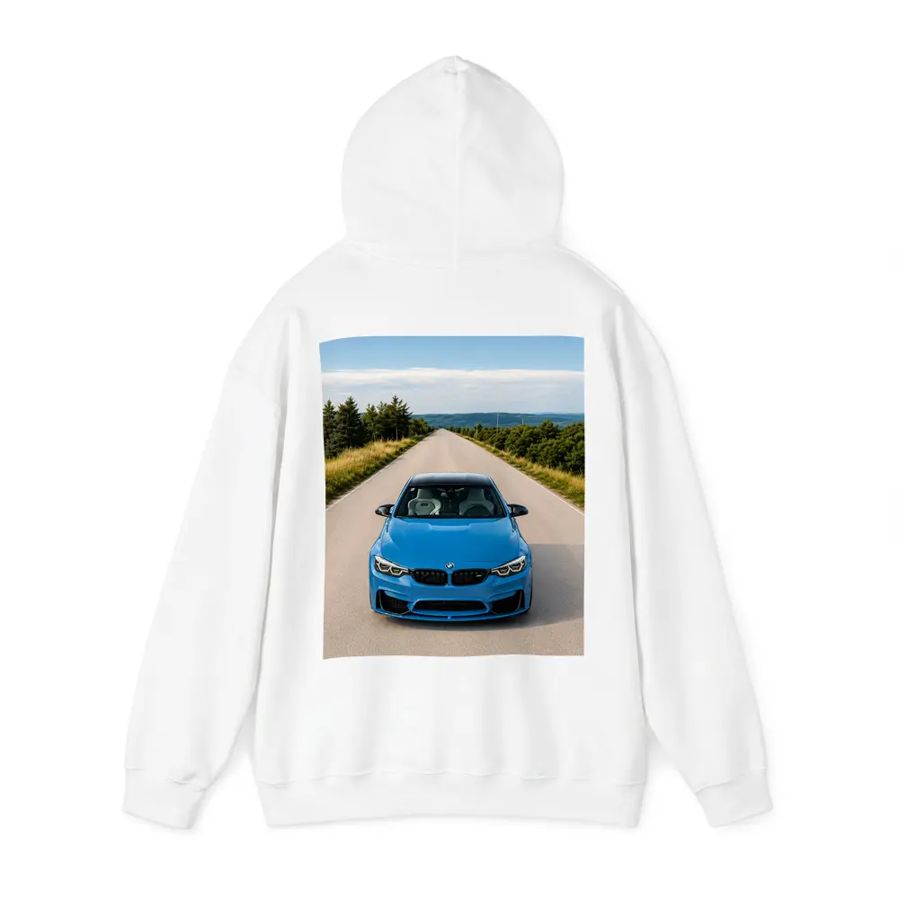 BMW M4 Blue Front View Open Road – Hoodies