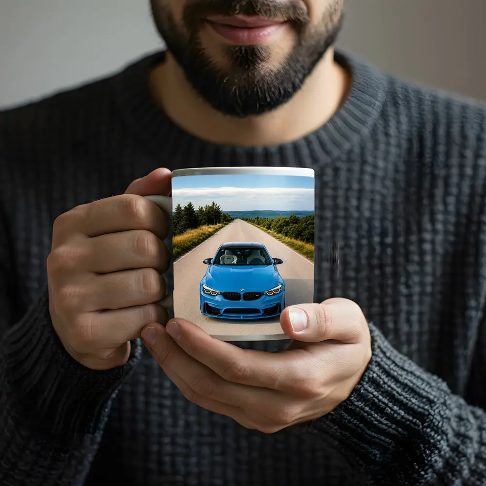 BMW M4 Blue Front View Open Road – Mugs