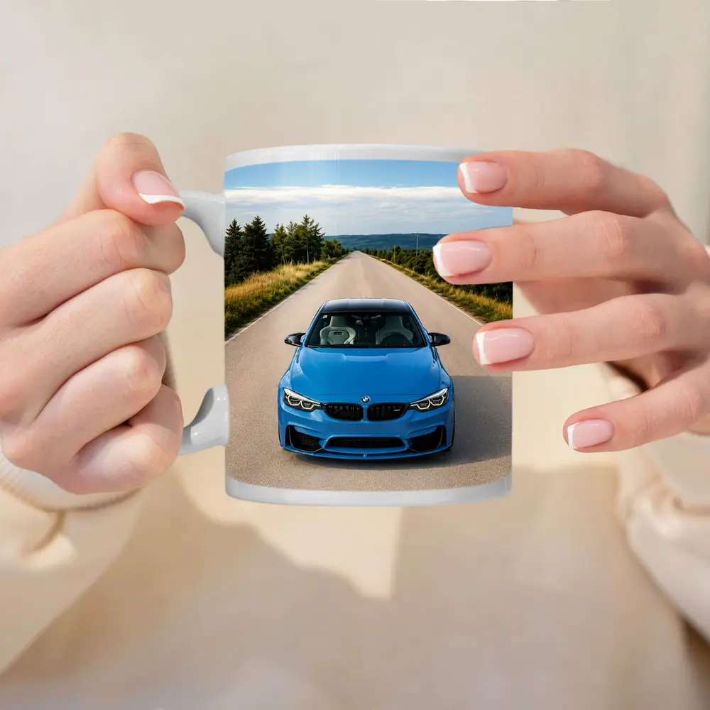 BMW M4 Blue Front View Open Road – Mugs