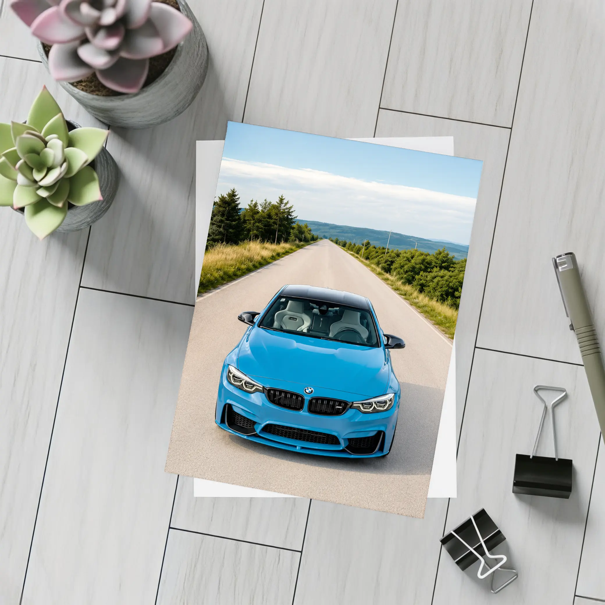 BMW M4 Blue Front View Open Road – Postcards