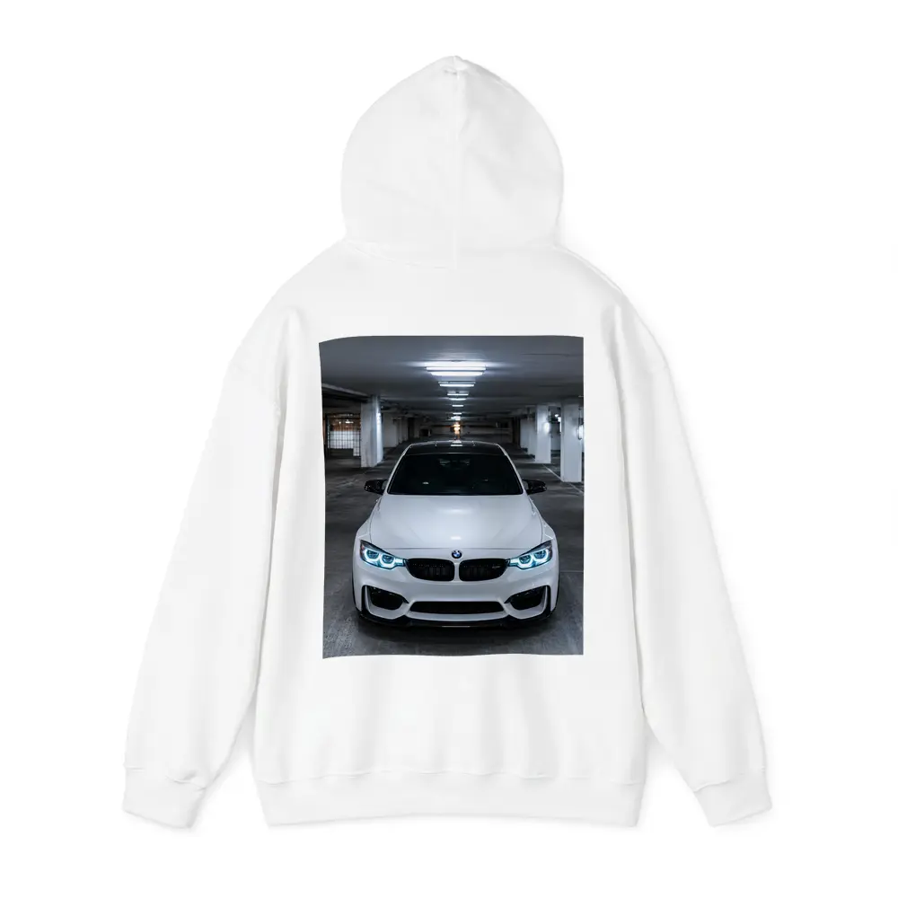 BMW M3 White Front View Parking Garage – Hoodies