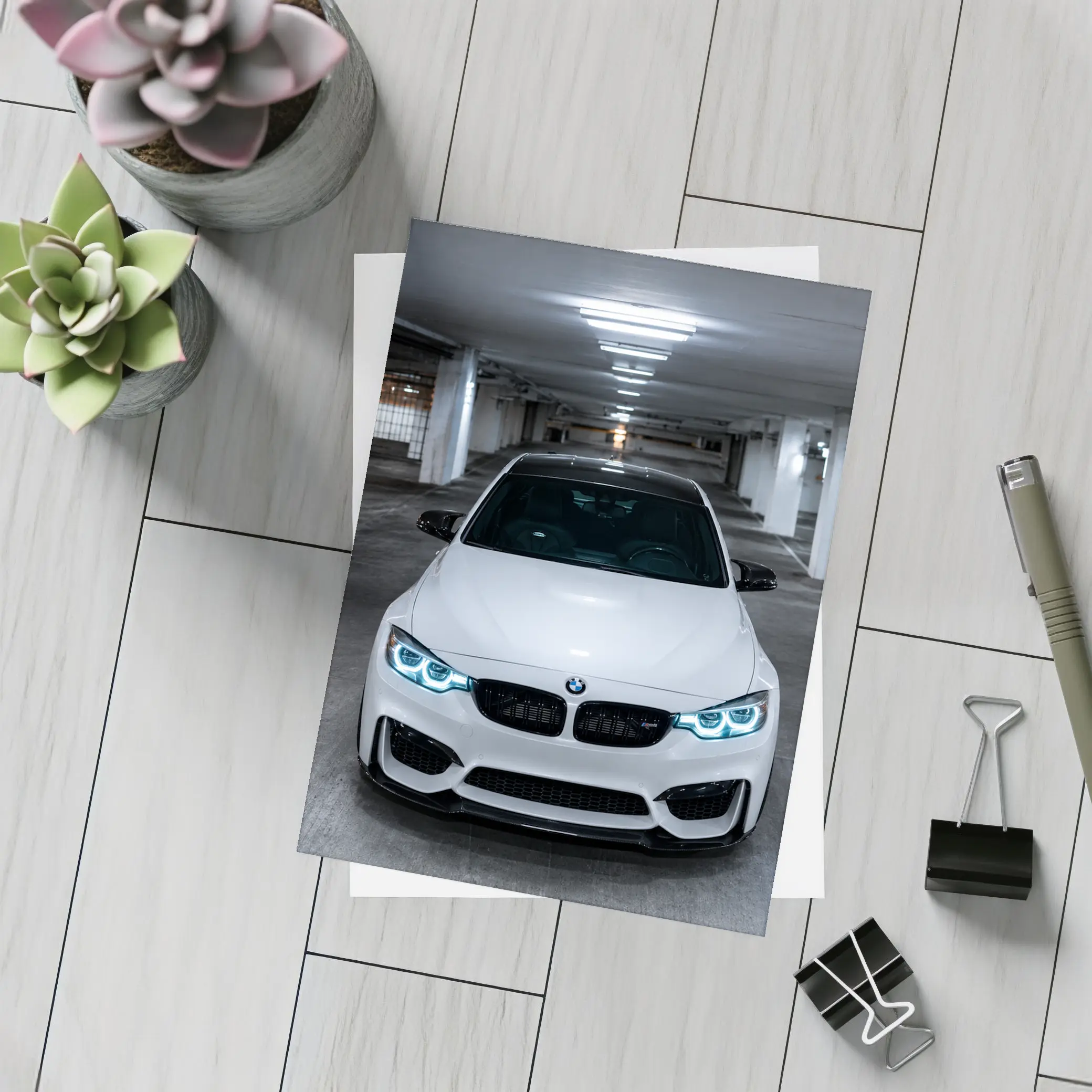 BMW M3 White Front View Parking Garage – Postcards