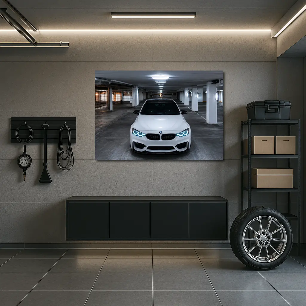 BMW M3 White Front View Parking Garage – Wall Art