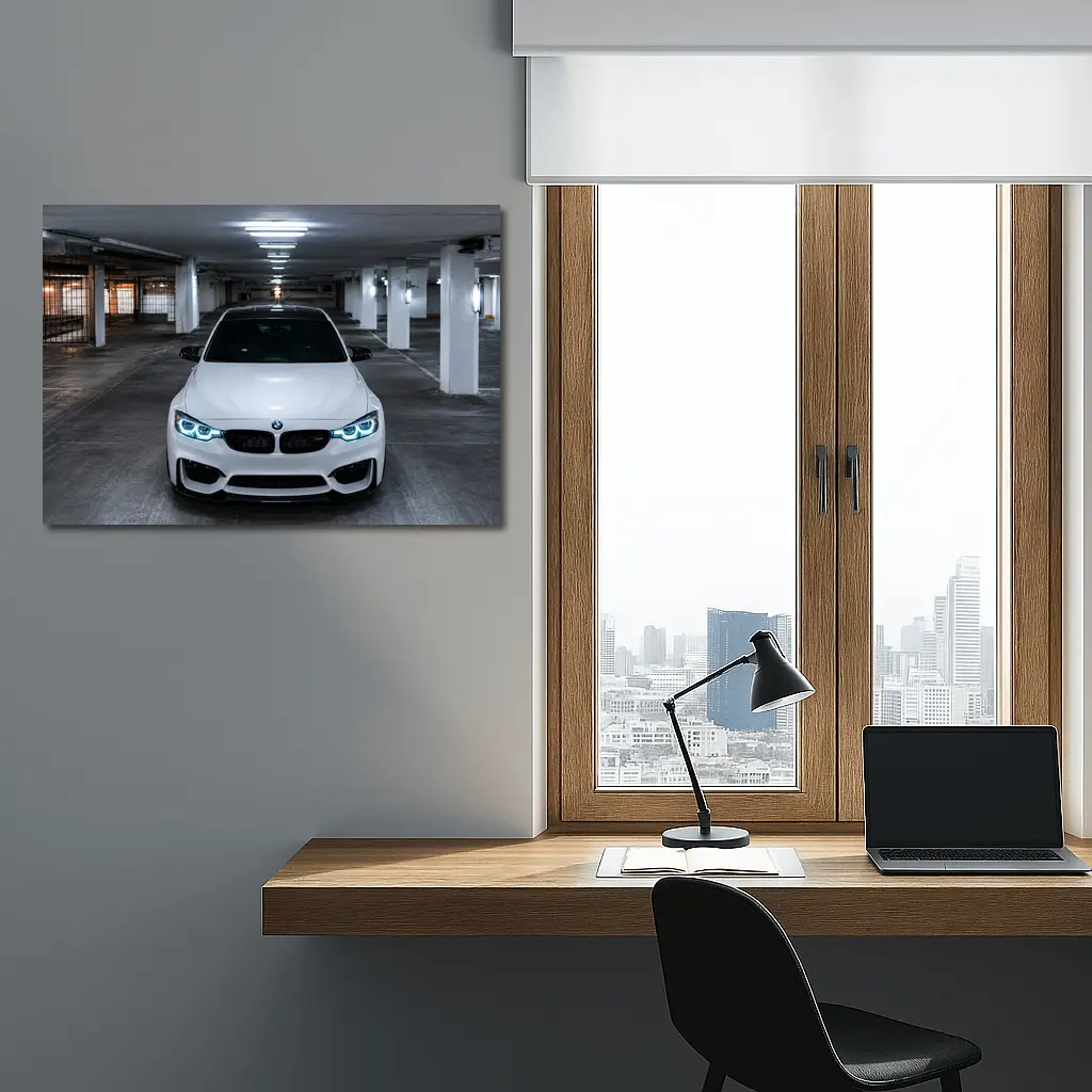 BMW M3 White Front View Parking Garage – Wall Art