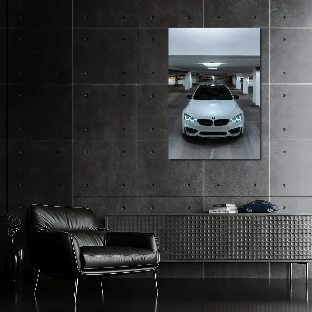 BMW M3 White Parking Garage Front View – Wall Art