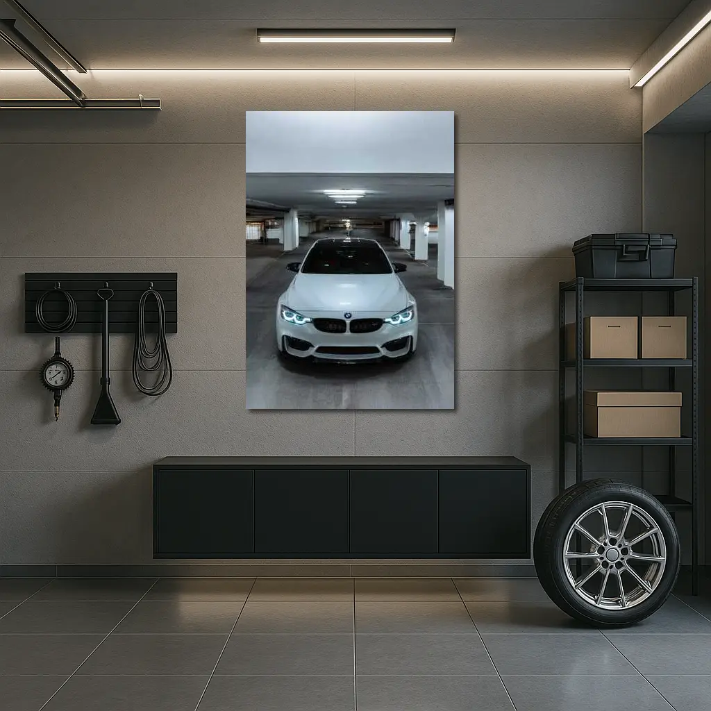 BMW M3 White Parking Garage Front View – Wall Art